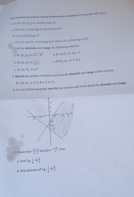 Bole bulbula secondary school Mathematics worksheet 1 for grade 10^(th) 2017 
1. Let R= (x,y) : y is shorter than x. 
a. Does (x,x) belongs to the relation R? 
b. is (y,x) belongs R? 
c. if (x,y) and (y,z) belongs to R, then is (x,z) belongs to R? 
2. Find the domain and range the following relation. 
a. R=(x,y) : y=sqrt(1-x^2) d R=(X,Y) : Y=|x|+1
b, R=(x,y); y= 1/2x-3  e. R= (x,y):y=1-|x|
C. R=(X,Y):Y=X^4
3. Sketch the graph of relation and find the domain and range of the relation
R= (x,y):y≤ 2x y≤ x+1. 
4. For the following graph specify the relation and write down the domain and range. 
5. Given f(x)= (2x-3)/x-1  and g(x)= (x+8)/x  ,then 
a. find f.g, f/g  f
b. find domain of f.g, f/g  f