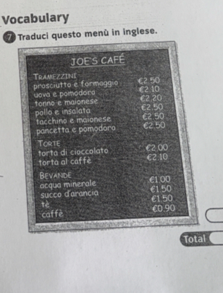 Vocabulary 
Traduci questo menù in inglese. 
JOE S CAFÉ 
TRAMEZZINI 
prosciutto e formaggio €2.50
uova e pomodora C2 10 €2.20
tonno e maionese 
pollo e insalata €2.50
tacchino e maionese €2.50
pancetta e pomodoro €2.50
Torte €2 00
torta di cioccolato 
torta al caffè C2 10
Bevande C1.00
acqua minerale 
succo d'arancia €1 50
tè £1.50
caffè €0.90
Total