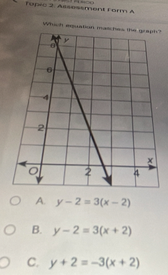 Topic 2. Assessment Form A
Which equation ?
A. y-2=3(x-2)
B. y-2=3(x+2)
C. y+2=-3(x+2)