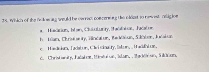 Which of the following would be correct concerning the oldest to newest religion
a. Hinduism, Islam, Christianity, Buddhism, Judaïsm
b. Islam, Christianity, Hinduism, Buddhism, Sikhism, Judaism
c. Hinduism, Judaism, Christinaity, Islam, , Buddhism,
d. Christianity, Judaism, Hinduism, Islam, , Buddhism, Sikhism,