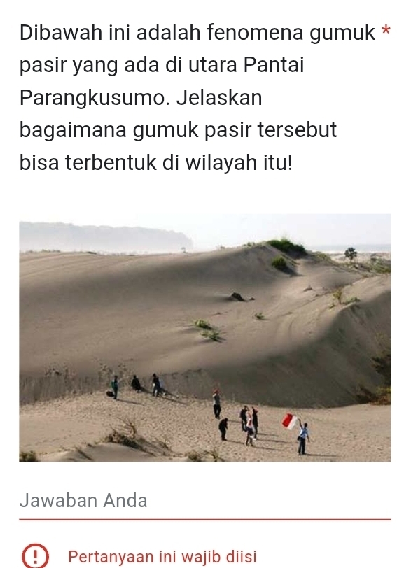 Dibawah ini adalah fenomena gumuk * 
pasir yang ada di utara Pantai 
Parangkusumo. Jelaskan 
bagaimana gumuk pasir tersebut 
bisa terbentuk di wilayah itu! 
Jawaban Anda 
| Pertanyaan ini wajib diisi