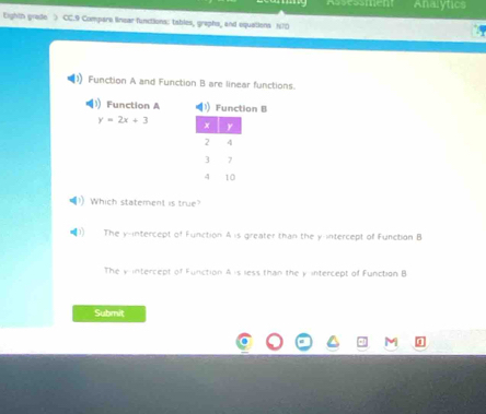 Aessmen Analytics
Eighth grade > CC.9 Compare linear functions: tables, graphs, and equations h70
Function A and Function B are linear functions.
11 Function A Function B
y=2x+3
Which statement is true?
( The y-intercept of Function A is greater than the y-intercept of Function B
The vintercept of Function A is less than the y intercept of Function B
Submit