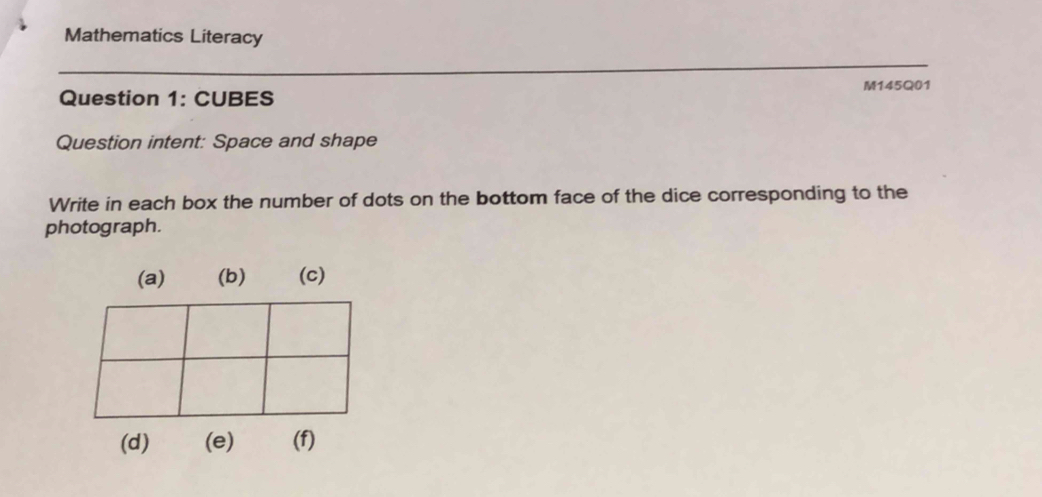 Mathematics Literacy 
M145Q01 
Question 1: CUBES 
Question intent: Space and shape 
Write in each box the number of dots on the bottom face of the dice corresponding to the 
photograph. 
(a) (b) (c) 
(d) (e) (f)