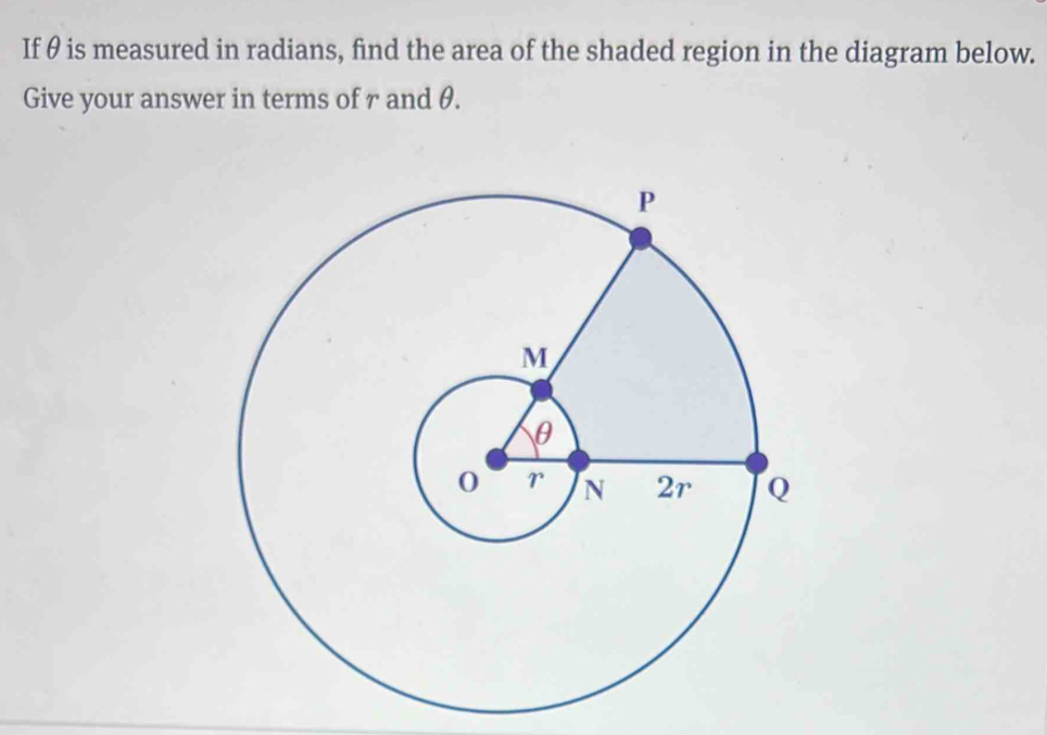 If θ is measured in radians, find the area of the shaded region in the diagram below. 
Give your answer in terms of r and θ.