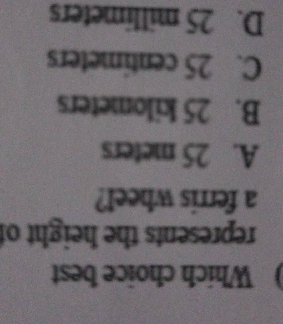 Which choice best
represents the height of
a ferris wheel?
A. 25 meters
B. 25 kilometers
C. 25 centimeters
D. 25 millimeters