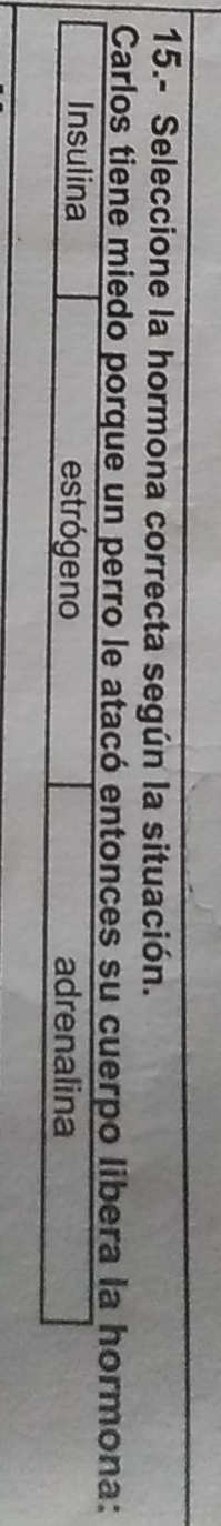 15.- Seleccione la hormona correcta según la situación.
Carlos tiene miedo porque un perro le atacó entonces su cuerpo libera la hormona:
Insulina estrógeno adrenalina