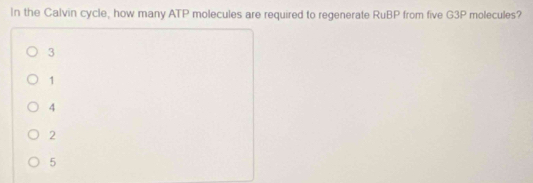 In the Calvin cycle, how many ATP molecules are required to regenerate RuBP from five G3P molecules?
3
1
4
2
5