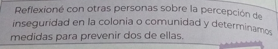 Reflexioné con otras personas sobre la percepción de 
inseguridad en la colonia o comunidad y determinamos 
medidas para prevenir dos de ellas.