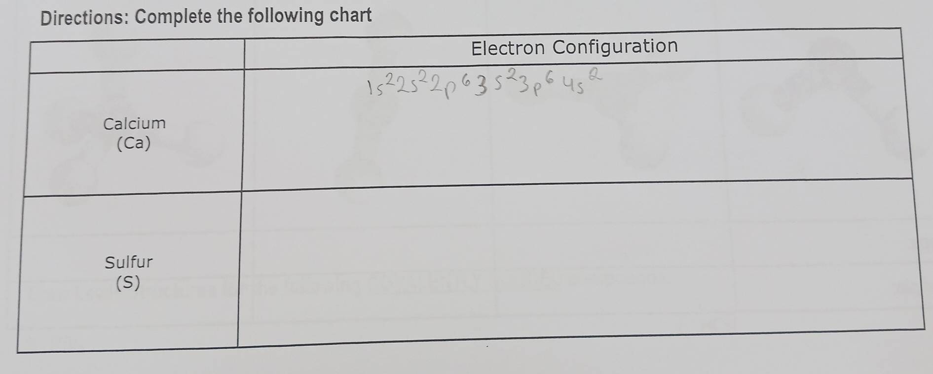 Directions: Complete the following chart