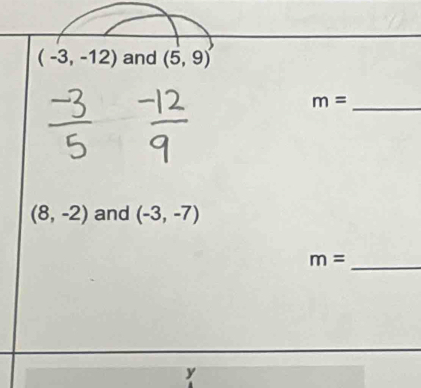 (-3,-12) and (5,9)
_ m=
(8,-2) and (-3,-7)
m=
_ 
y