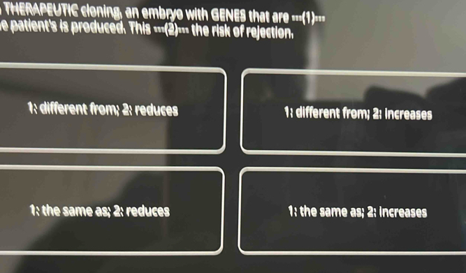 THERAPEUTIC cloning, an embryo with GENES that BFO=n(1)
he patient's is produced. This ___(2)___ the risk of rejection.
1: different from; 2: reduces 1: different from; 2: increases
1: the same as; 2: reduces 1: the same as; 2: increases