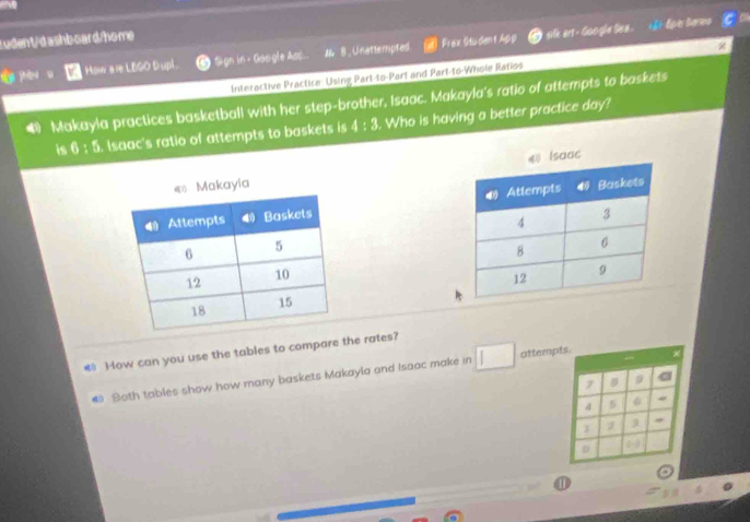 zudent/dashb-oard/home 
silk art - Googie Sea . lipin Barino 
How are LEGO Dupl. Sgn in × Gosigle Asd... l 8. Unattempted Frax Studenf App 
z 
Interactive Practice: Using Part-to-Part and Part-to-Whole Ratios 
4 Makayla practices basketball with her step-brother, Isaac. Makayla's ratio of attempts to baskets 
is 6:5 Isaac's ratio of attempts to baskets is 4:3 Who is having a better practice day? 


* How can you use the tables to compare the rates? 
Both tables show how many baskets Makayla and Isaac make in attempts. 7
7 9 a
4 5 6
" 
J 
D 
①