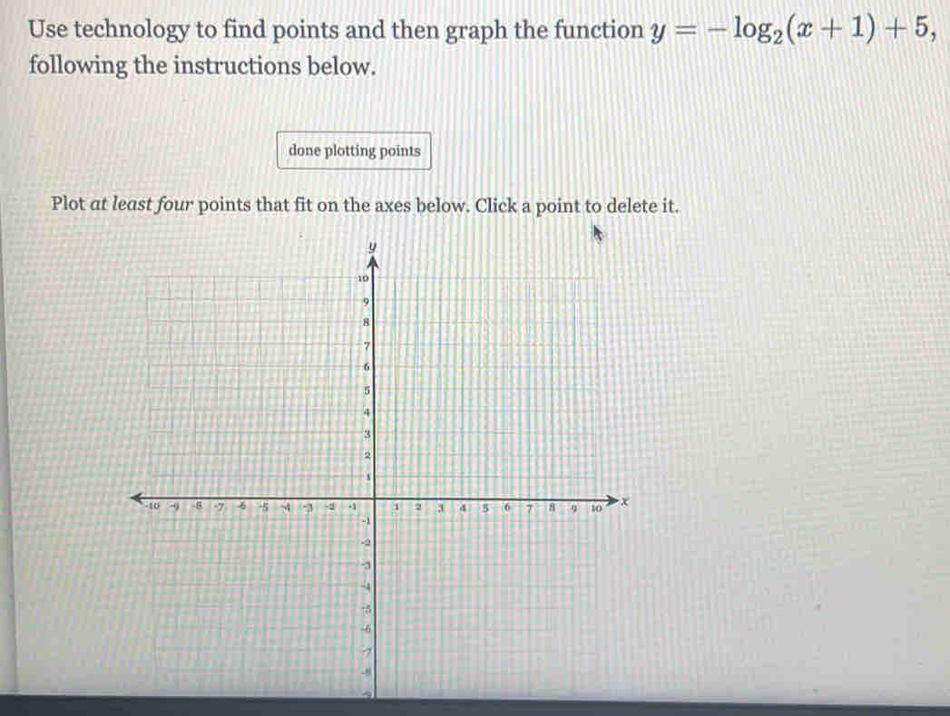 Use technology to find points and then graph the function y=-log _2(x+1)+5, 
following the instructions below. 
done plotting points 
Plot at least four points that fit on the axes below. Click a point to delete it.