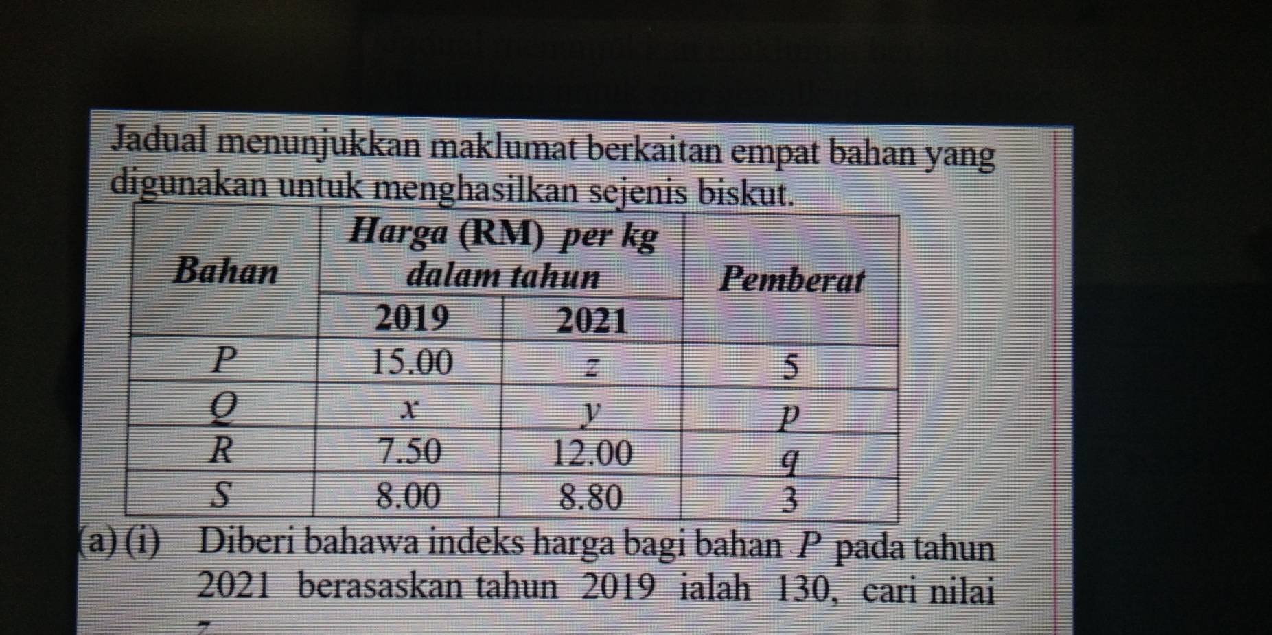 Jadual menunjukkan maklumat berkaitan empat bahan yang 
digunakan untuk menghasilkan 
(a) (i) Diberi bahawa indeks harga bagi bahan pada tahun
2021 berasaskan tahun 2019 ialah 130, cari nilai