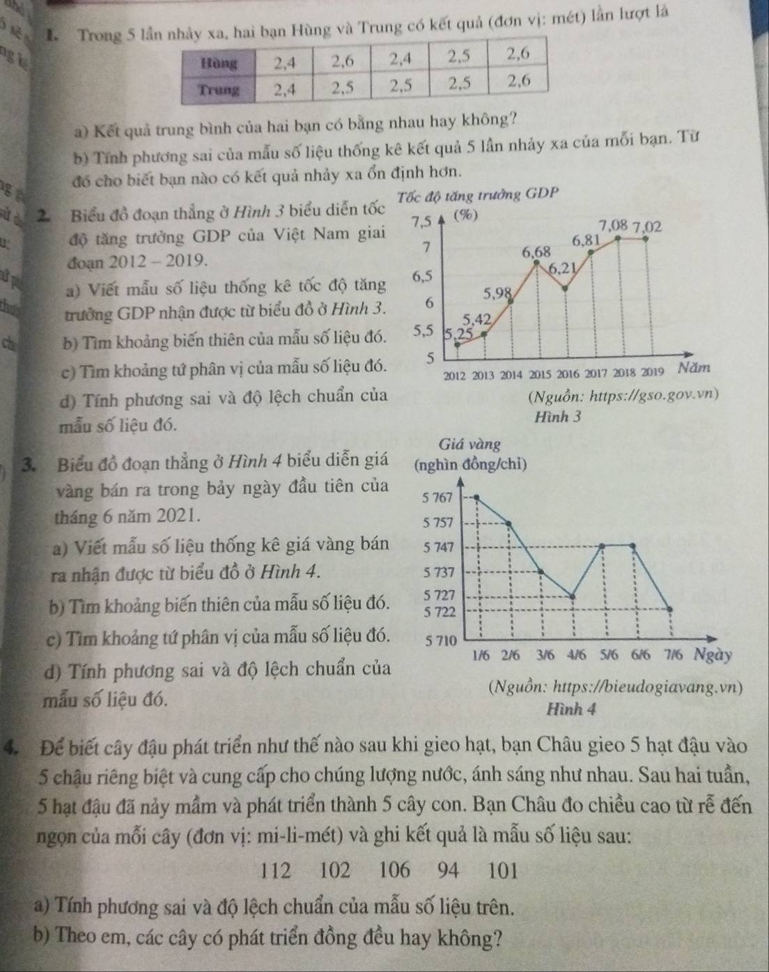 Trong 5 lùng và Trung có kết quả (đơn vị: mét) lần lượt là
gh
a) Kết quả trung bình của hai bạn có bằng nhau hay không?
b) Tính phương sai của mẫu số liệu thống kê kết quả 5 lần nhảy xa của mỗi bạn. Từ
g đó cho biết bạn nào có kết quả nhảy xa ổn định hơn.
ù d 2 Biểu đồ đoạn thẳng ở Hình 3 biểu diễn tốc Tốc độ tăng trưởng GDP
độ tăng trưởng GDP của Việt Nam giai 7,5 (%)
7,08 7,02
7
6,68
đoạn 2012 - 2019. 6,81
6,21
a) Viết mẫu số liệu thống kê tốc độ tăng 6,5 5,98
that trưởng GDP nhận được từ biểu đồ ở Hình 3. 6
5,42
ch b) Tìm khoảng biến thiên của mẫu số liệu đó. 5,5 5.25
c) Tìm khoảng tứ phân vị của mẫu số liệu đó. 5 Năm
2012 2013 2014 2015 2016 2017 2018 2019
d) Tính phương sai và độ lệch chuẩn của (Nguồn: https://gso.gov.vn)
mẫu số liệu đó. Hình 3
Giá vàng
3. Biểu đồ đoạn thẳng ở Hình 4 biểu diễn giá (nghìn đồng/chỉ)
vàng bán ra trong bảy ngày đầu tiên của 5 767
tháng 6 năm 2021. 5 757
a) Viết mẫu số liệu thống kê giá vàng bán 5 747
ra nhận được từ biểu đồ ở Hình 4. 5 737
5 727
b) Tìm khoảng biến thiên của mẫu số liệu đó. 5 722
c) Tìm khoảng tứ phân vị của mẫu số liệu đó. 5 710
1/6 2/6 3/6 4/6 5/6 6/6 7/6 Ngày
d) Tính phương sai và độ lệch chuẩn của
(Nguồn: https://bieudogiavang.vn)
mẫu số liệu đó.
Hình 4
4. Để biết cây đậu phát triển như thế nào sau khi gieo hạt, bạn Châu gieo 5 hạt đậu vào
5 chậu riêng biệt và cung cấp cho chúng lượng nước, ánh sáng như nhau. Sau hai tuần,
5 hạt đậu đã nảy mầm và phát triển thành 5 cây con. Bạn Châu đo chiều cao từ rễ đến
ngọn của mỗi cây (đơn vị: mi-li-mét) và ghi kết quả là mẫu số liệu sau:
112 102 106 94 101
a) Tính phương sai và độ lệch chuẩn của mẫu số liệu trên.
b) Theo em, các cây có phát triển đồng đều hay không?