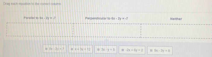 Drag each equation to the correct column
Parallel to 6x-2y=-7 Perpendicular to 6x-2y=-7 Neither
:: 8x-2y=7 :: x+3y=12 :: 3x-y=5 ::-2x+6y=2 :: 9x-3y=8