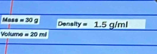 Mass =30g 2x ensity =1.5g/ml
Volume =20ml