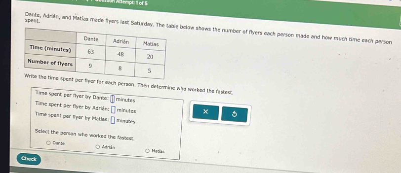 tstion Attempt: 1 of 5
spent.
Dante, Adrián, and Matías made flyers last Saturdaybelow shows the number of flyers each person made and how much time each person
er for each person. Then determine who worked the fastest.
Time spent per flyer by Dante: minutes
Time spent per flyer by Adrián: □ minutes
×
Time spent per flyer by Matías: □ minutes
Select the person who worked the fastest.
Dante Adrián Matias
Check