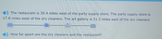 The restaurant is 30.4 miles west of the party supply store. The party supply store is
17.8 miles west of the dry cleaners. The art gallery is 21.2 miles east of the dry cleaners. 
How far apart are the dry cleaners and the restaurant?