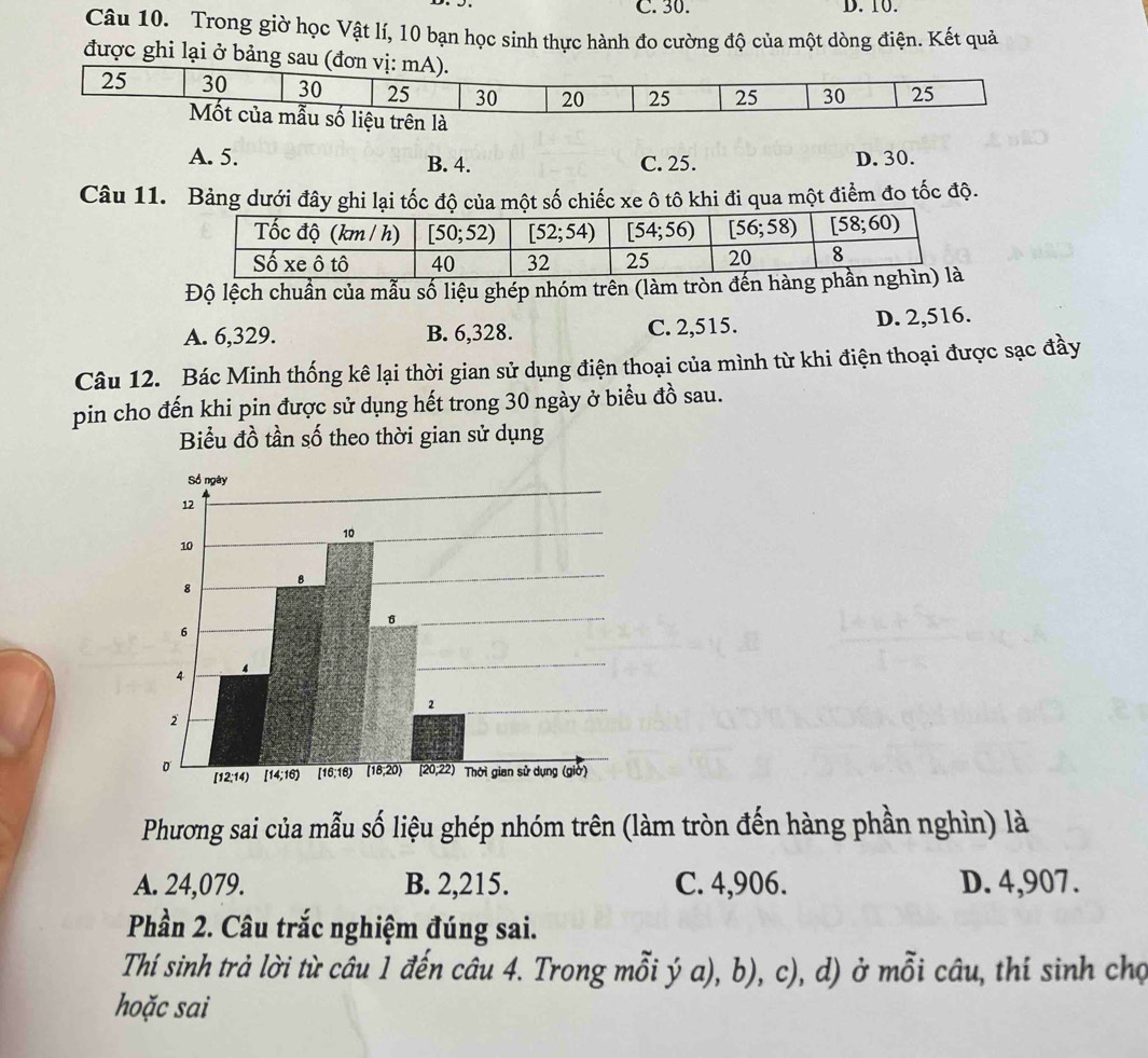 C. 30. D. 10.
Câu 10. Trong giờ học Vật lí, 10 bạn học sinh thực hành đo cường độ của một dòng điện. Kết quả
được ghi lại ở bảng sau (đơ
A. 5. B. 4. C. 25. D. 30.
Câu 11. Bảng dưới đây ghi lại tốc độ của một số chiếc xe ô tô khi đi qua một điểm đo tốc độ.
Độ lệch chuẩn của mẫu số liệu ghép nhóm trên (làm tròn đến
A. 6,329. B. 6,328. C. 2,515. D. 2,516.
Câu 12. Bác Minh thống kê lại thời gian sử dụng điện thoại của mình từ khi điện thoại được sạc đầy
pin cho đến khi pin được sử dụng hết trong 30 ngày ở biểu đồ sau.
Biểu đồ tần số theo thời gian sử dụng
Phương sai của mẫu số liệu ghép nhóm trên (làm tròn đến hàng phần nghìn) là
A. 24,079. B. 2,215. C. 4,906. D. 4,907.
Phần 2. Câu trắc nghiệm đúng sai.
Thí sinh trả lời từ câu 1 đến câu 4. Trong mỗi ý a), b), c), d) ở mỗi câu, thí sinh chợ
hoặc sai