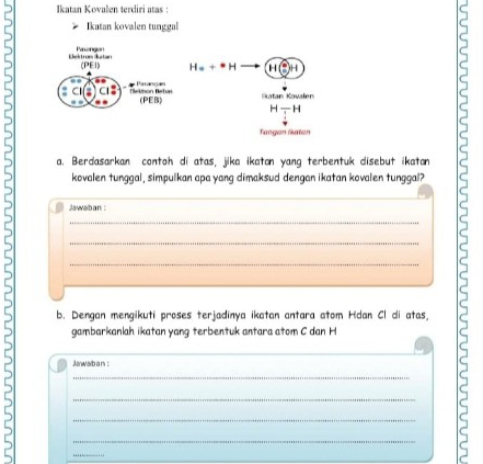 Ikatan Kovalen terdiri atas :
Ikatan kovalen tunggal
Ehestrom dutan Pasongion  PE 
Nektion Betas
(PEB)
a. Berdasarkan contoh di atas, jika ikatan yang terbentuk disebut ikatan
kovalen tunggal , simpulkan apa yang dimaksud dengan ikatan kovalen tunggal?
_
Jawaban :
_
_
_
b. Dengan mengikuti proses terjadinya ikatan antara atom Hdan Cl di atas
gambarkanlah ikatan yang terbentuk antara atom C dan H
Jawarba n :
_
_
_
_