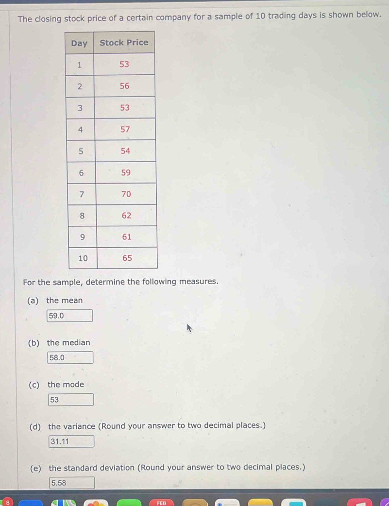 The closing stock price of a certain company for a sample of 10 trading days is shown below.
For the sample, determine the following measures.
(a) the mean
59.0
(b) the median
58.0
(c) the mode
53
(d) the variance (Round your answer to two decimal places.)
31.11
(e) the standard deviation (Round your answer to two decimal places.)
5.58
FEB