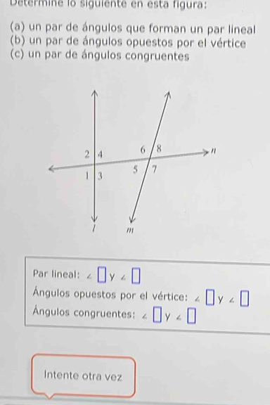 Determine lo siguiente en esta figura: 
(a) un par de ángulos que forman un par lineal 
(b) un par de ángulos opuestos por el vértice 
(c) un par de ángulos congruentes 
Par lineal: ^circ  □ y
Ángulos opuestos por el vértice: ∠ □ y∠ □
Ángulos congruentes: ∠ □ y∠ □
Intente otra vez