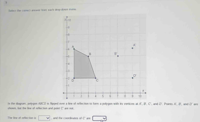 Select the correct answer from each drop-down menu.
In the diagram, polygon ABCD is flipped over a line of reflection to form a polygon with its vertices at A', B', C', and D'. Points A', B', and D° are
shown, but the line of reflection and point C° are not.
The line of reflection is v , and the coordinates of C' are