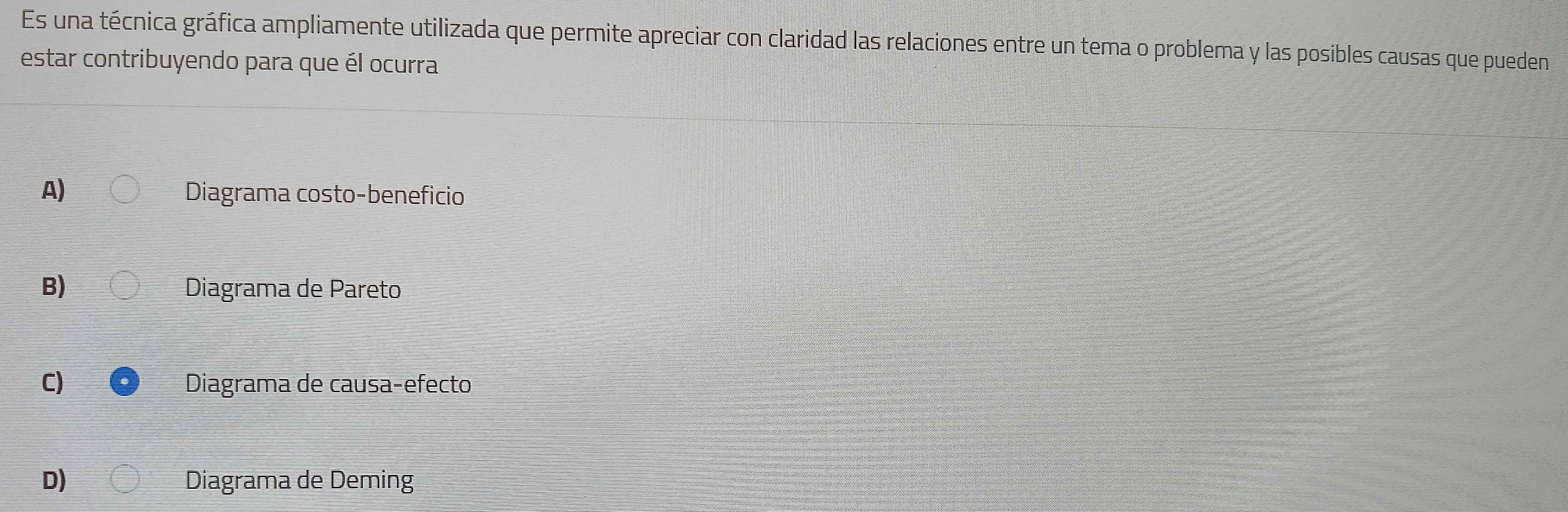 Es una técnica gráfica ampliamente utilizada que permite apreciar con claridad las relaciones entre un tema o problema y las posibles causas que pueden
estar contribuyendo para que él ocurra
A) Diagrama costo-beneficio
B) Diagrama de Pareto
C) Diagrama de causa-efecto
D) Diagrama de Deming