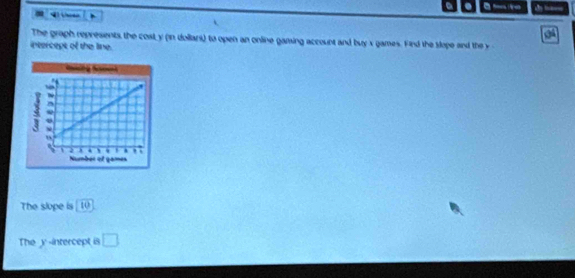 ae - 
4 these 
The graph repesents, the costy (in dollars) to open an online gaming account and buy x games. Find the slope and the v 
intercept of the line. 
The slope is 10
The y-intercept is □