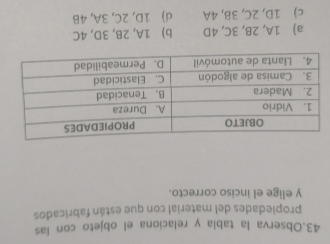 Observa la tabla y relaciona el objeto con las
propiedades del material con que están fabricados
y elige el inciso correcto.
a) 1A, 2B, 3C, 4D b) 1A, 2B, 3D, 4C
c) 1D, 2C, 3B, 4A d) 1D, 2C, 3A, 4B