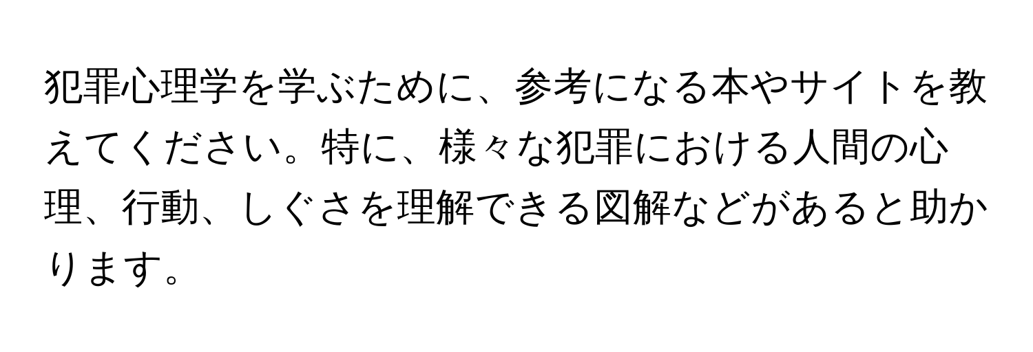 犯罪心理学を学ぶために、参考になる本やサイトを教えてください。特に、様々な犯罪における人間の心理、行動、しぐさを理解できる図解などがあると助かります。