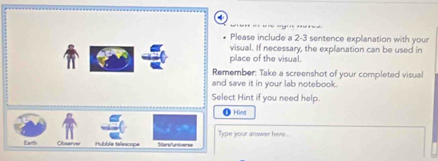 Please include a 2-3 sentence explanation with your 
visual. If necessary, the explanation can be used in 
place of the visual. 
Remember: Take a screenshot of your completed visual 
and save it in your lab notebook. 
Select Hint if you need help. 
Hint 
Type your answer here 
Earth Observer Hubble telescope Stars/universe