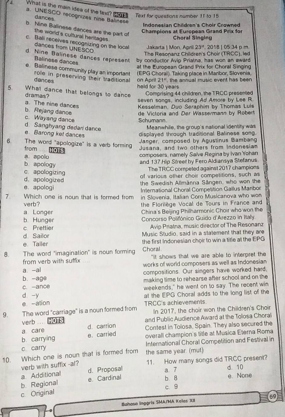 What is the main idea of the text? Ho Text for questions number 11 to 15
a. UNESCO recognizes nine Balinese
dances
Indonesian Children's Choír Crowned
b. Nine Balinese dances are the part of
Champions at European Grand Prix for
the world's cultural heritages .
Choral Singing
c. Bali receives recognizing on the local Jakarta | Mon, April 23^(rd) , 2018 | 05:34 p.m.
dances from UNESCO
The Resonanz Children's Choir (TRCC), led
d. Nine Balinese dances represent by conductor Avip Priatna, has won an award
Balinese dances
at the European Grand Prix for Choral Singing
e. Balinese community play an important (EPG Choral). Taking place in Maribor, Slovenia,
role in preserving their traditional
dances on April 21^(st) , the annual music event has been
held for 30 years
5. What dance that belongs to dance Comprising 44 children, the TRCC presented
dramas?
seven songs, including Ad Amore by Lee R
a. The nine dances
Kesselman, Duo Seraphim by Thomas Luis
b Rejang dance
de Victoria and Der Wassermann by Robert
c. Wayang dance
Schumann.
d Sanghyang dedari dance
Meanwhile, the group's national identity was
e Barong ket dances displayed through traditional Balinese song.
Janger, composed by Agustinus Bambang
6 The word "apologize" is a verb forming Jusana, and two others from Indonesian
from HOTS
a apolo composers, namely Salve Regina by Ivan Yohan
b apology
and 137 Hip Street by Fero Aldiansya Stefanus.
c. apologizing The TRCC competed against 2017 champions
d. apologized of various other choir competitions, such as
e. apologi the Swedish Allmānna Sången, who won the
International Choral Competition Gallus Maribor
7 Which one is noun that is formed from in Slovenia, Italian Coro Musicanova who won
verb? the Florilège Vocal de Tours in France and
a Longer China's Beijing Philharmonic Choir who won the
b. Hunger  Concorso Polifónico Guido d'Arezzo in Italy.
c Prettier Avip Priatna, music director of The Resonanz
d Sailor Music Studio, said in a statement that they are
e. Taller the first Indonesian choir to win a title at the EPG
8. The word “imagination” is noun forming Choral
from verb with suffix "It shows that we are able to interpret the
a. -al works of world composers as well as Indonesian
b. -age compositions. Our singers have worked hard,
making time to rehearse after school and on the
c. -ance weekends," he went on to say. The recent win
d -y
at the EPG Choral adds to the long list of the
e -ation TRCC's achievements.
9. The word "carriage" is a noun formed from In 2017, the choir won the Children's Choir
verb .... HOTS and Public Audience Award at the Tolosa Choral
a care d. carrion Contest in Tolosa, Spain. They also secured the
b. carrying e、 carried overall champion's title at Musica Eterna Roma
c. carry International Choral Competition and Festival in
10. Which one is noun that is formed from the same year. (mut)
verb with suffix -al? 11. How many songs did TRCC present?
a. Additional d. Proposal
a. 7 d. 10
b. Regional e. Cardinal
b 8 e. None
c 9
c. Original
69
Bahasa Inggris SMA/MA Kelas XII