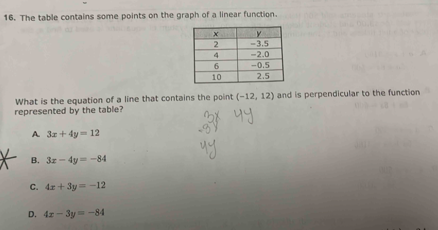 The table contains some points on the graph of a linear function.
What is the equation of a line that contains the point (-12,12) and is perpendicular to the function
represented by the table?
A. 3x+4y=12
B. 3x-4y=-84
C. 4x+3y=-12
D. 4x-3y=-84