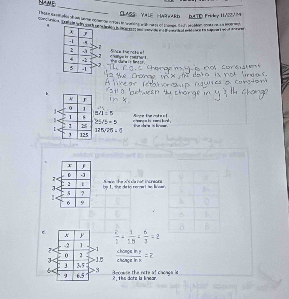 NAME: 
CLASS: YALE HARVARD DATE: Friday 11/22/24 
These examples show some common errors in working with rates of change. Each problem contains an incorrect 
conclusion. Explain whyonclusion is incorrect and provide mathematical evidence to support your answer 
a. 
2 
Since the rate of
2 change is constant. 
the data is linear. 
2 
b.
5/1=5 Since the rate of
25/5=5 change is constant, 
the data is linear.
125/25=5
C. 
Since the x 's do not increase 
by 1, the data cannot be linear 
d  2/1 = 3/1.5 = 6/3 =2
1 
1.5  changeiny/changeinx =2
3 Because the rate of change is 
2, the data is linear.