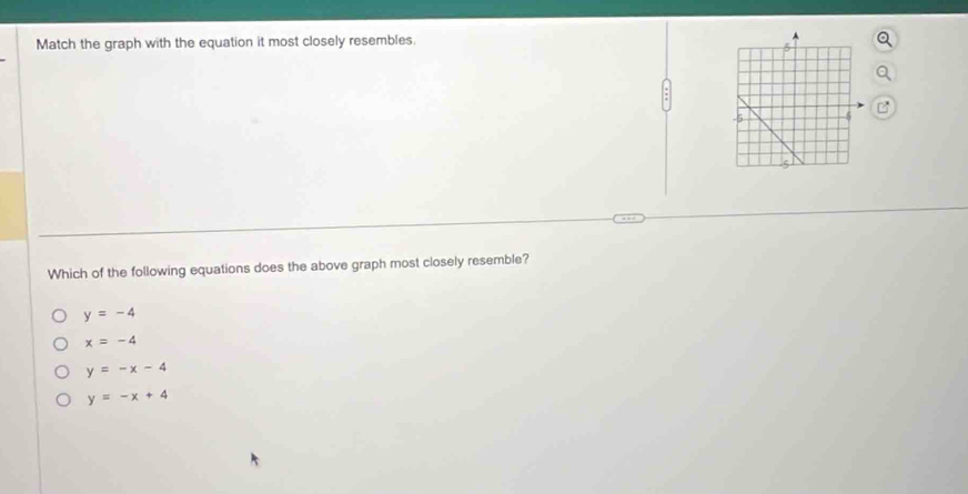 Match the graph with the equation it most closely resembles
Which of the following equations does the above graph most closely resemble?
y=-4
x=-4
y=-x-4
y=-x+4