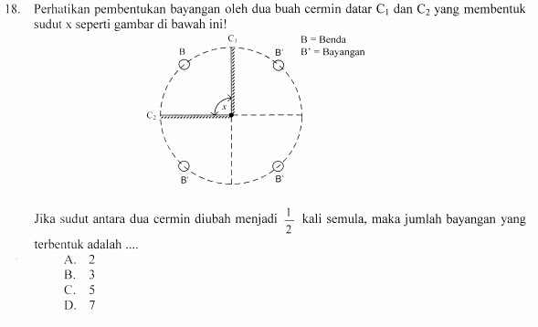 Perhatikan pembentukan bayangan oleh dua buah cermin datar C_1 dan C_2 yang membentuk
sudut x seperti gambar di bawah ini!
B=Benda
B^(·)= Bayangan
Jika sudut antara dua cermin diubah menjadi  1/2  kali semula, maka jumlah bayangan yang
terbentuk adalah ....
A. 2
B. 3
C. 5
D. 7