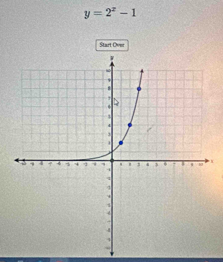 y=2^x-1
Start Over
x