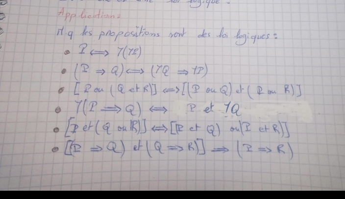 tgigue. 
App licatioan 
it. g les pnopositions wowk des foi togiques?
1Leftrightarrow 7(71)
(DRightarrow Q)Longleftrightarrow (7QRightarrow 7P)
[Pou(QetR)]Longleftrightarrow [(PouQ)et(RouR)]
Y(PRightarrow Q)Leftrightarrow Pet1Q
[Pet(QouR)endbmatrix Longleftrightarrow [PetQ)an(IetR)]
[IRightarrow Q)et(QRightarrow R)]Rightarrow (IRightarrow R)