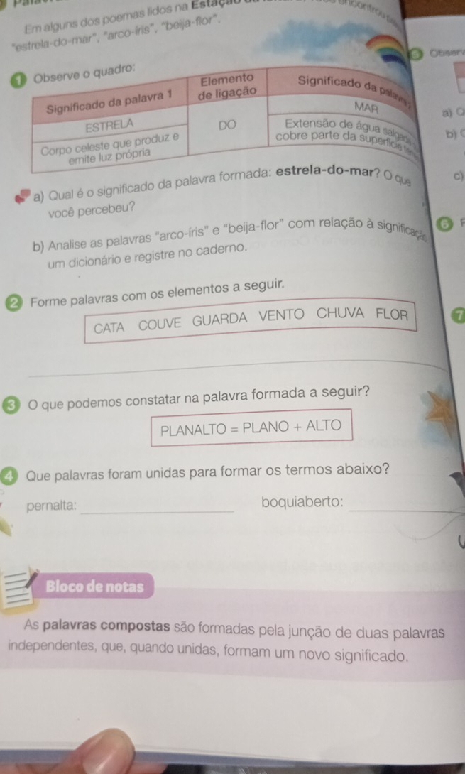 Em alguns dos poemas lidos na Estação 
controu pe 
"estrela-do-mar", "arco-íris”, “beija-flor”. 
Obser 
○ 

a) Qual é o significado da palavra que ) 
você percebeu? 
6 
b) Analise as palavras “arco-íris” e “beija-flor” com relação à significaç 
um dicionário e registre no caderno. 
2 Forme palavras com os elementos a seguir. 
CATA COUVE GUARDA VENTO CHUVA FLOR 
③ O que podemos constatar na palavra formada a seguir? 
PLANALTO = PLANO + ALTO 
4 Que palavras foram unidas para formar os termos abaixo? 
pernalta:_ boquiaberto:_ 
Bloco de notas 
As palavras compostas são formadas pela junção de duas palavras 
independentes, que, quando unidas, formam um novo significado.