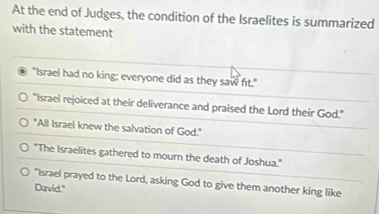 At the end of Judges, the condition of the Israelites is summarized 
with the statement 
"Israel had no king; everyone did as they saw fit." 
“Israel rejoiced at their deliverance and praised the Lord their God.” 
"All Israel knew the salvation of God." 
"The Israelites gathered to mourn the death of Joshua." 
*Israel prayed to the Lord, asking God to give them another king like 
David."