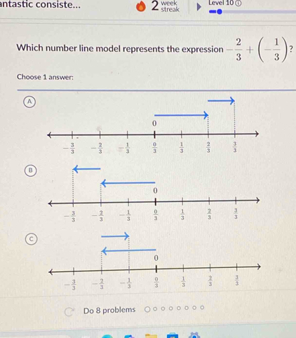 antastic consiste... 2 streak week Level 10 ①
Which number line model represents the expression - 2/3 +(- 1/3 ) 7
Choose 1 answer:
A
Do 8 problems