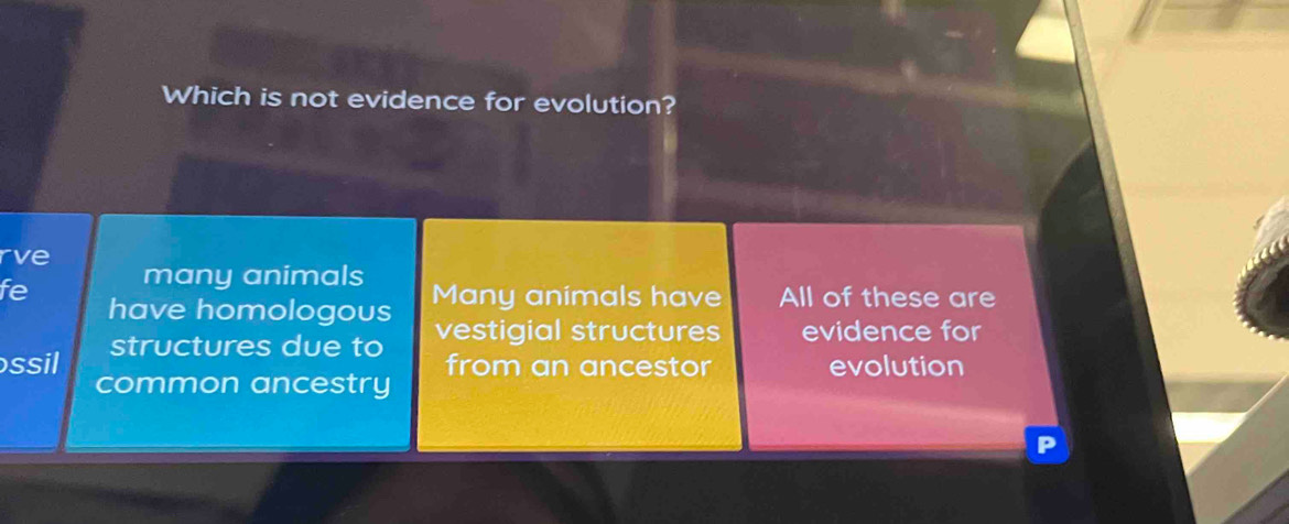 Which is not evidence for evolution?
rve
fe many animals Many animals have All of these are
have homologous vestigial structures evidence for
structures due to from an ancestor evolution
ssil common ancestry