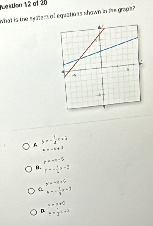 What is the system of equations shown in the graph?
A. y=- 1/4 x+6
y=-x+3
y=-x-6
B. y=- 1/4 x-3
y=-x+6
C. y=- 1/4 x+3
y=x+6
D. y= 1/4 x+3