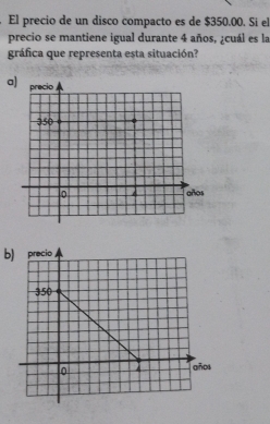 El precio de un disco compacto es de $350.00. Si el
precio se mantiene igual durante 4 años, ¿cuál es la
gráfica que representa esta situación?
a)
b) precio
350
0
0ñ04