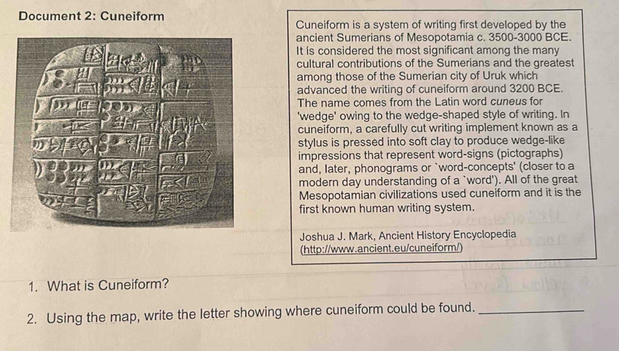 Solved: Document 2: Cuneiform Cuneiform is a system of writing first ...