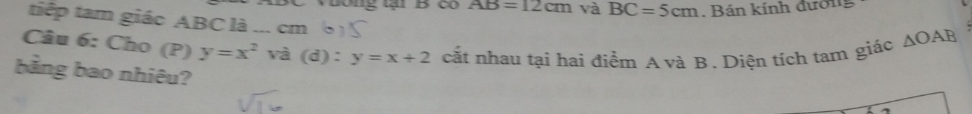 Vương tại B có AB=12cm và BC=5cm , Bán kính đường 
tiếp tam giác ABC là ... cm
Câu 6: Cho (P) y=x^2 và (d):y=x+2 cắt nhau tại hai điểm A và B. Diện tích tam giác
△ OAB
bảng bao nhiêu?