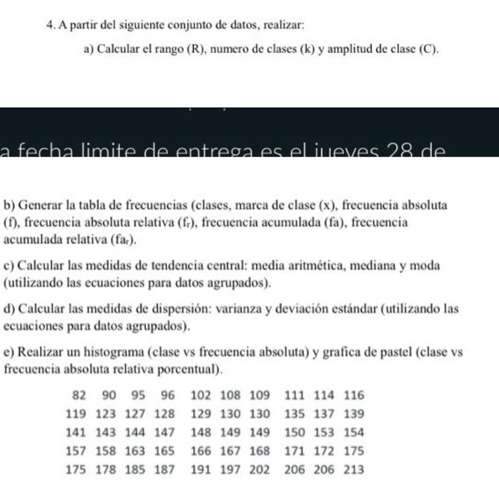 Solved: A partir del siguiente conjunto de datos, realizar: a) Calcular ...