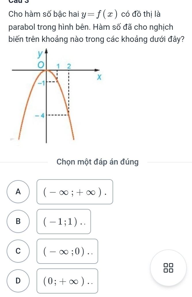 Cho hàm số bậc hai y=f(x) có đồ thị là
parabol trong hình bên. Hàm số đã cho nghịch
biến trên khoảng nào trong các khoảng dưới đây?
Chọn một đáp án đúng
A (-∈fty ;+∈fty ).
B (-1;1)..
C (-∈fty ;0)..
D (0;+∈fty )..